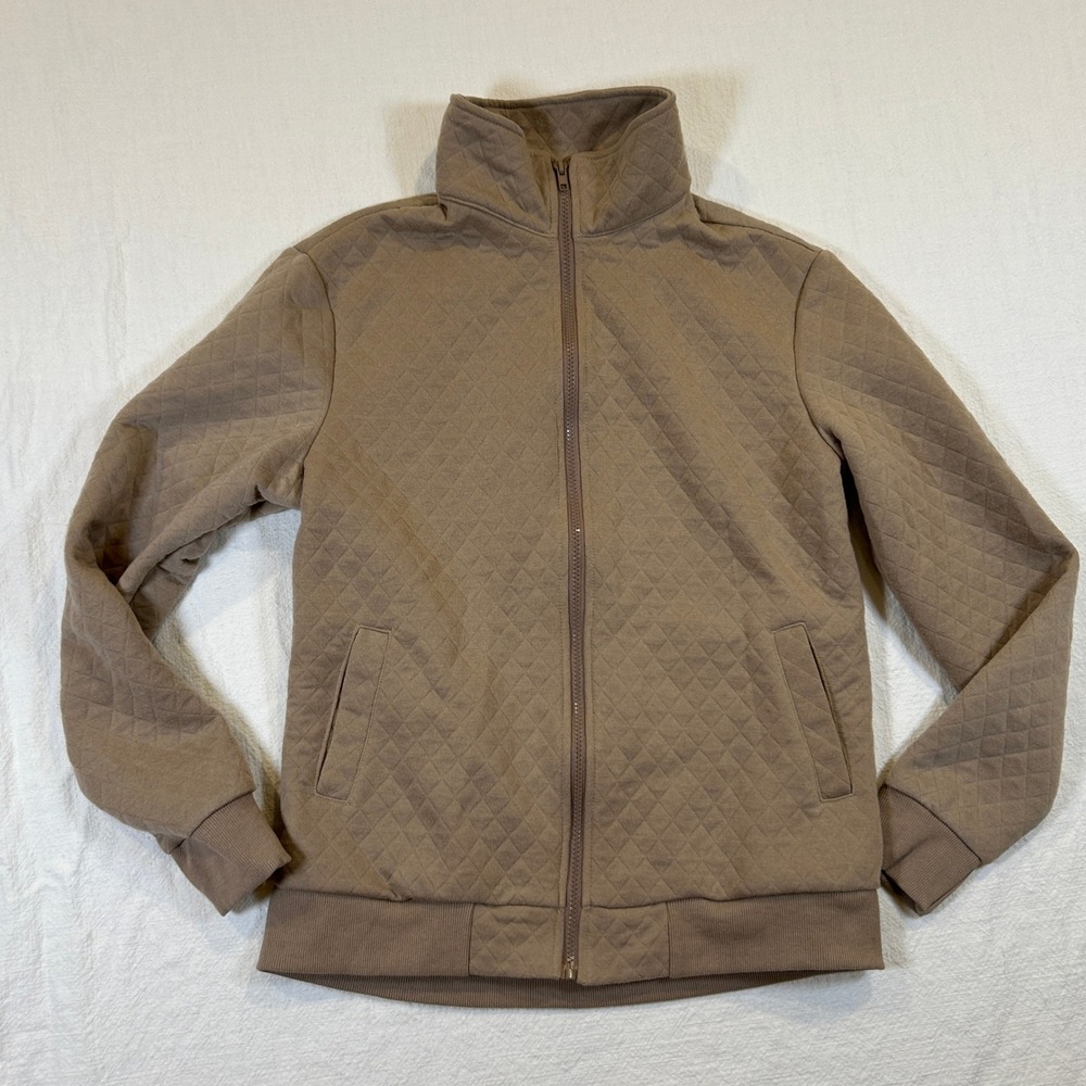 Coofandy Mens Diamond Quilted Full Zip Jacket Tan Brown Stand Collar Small